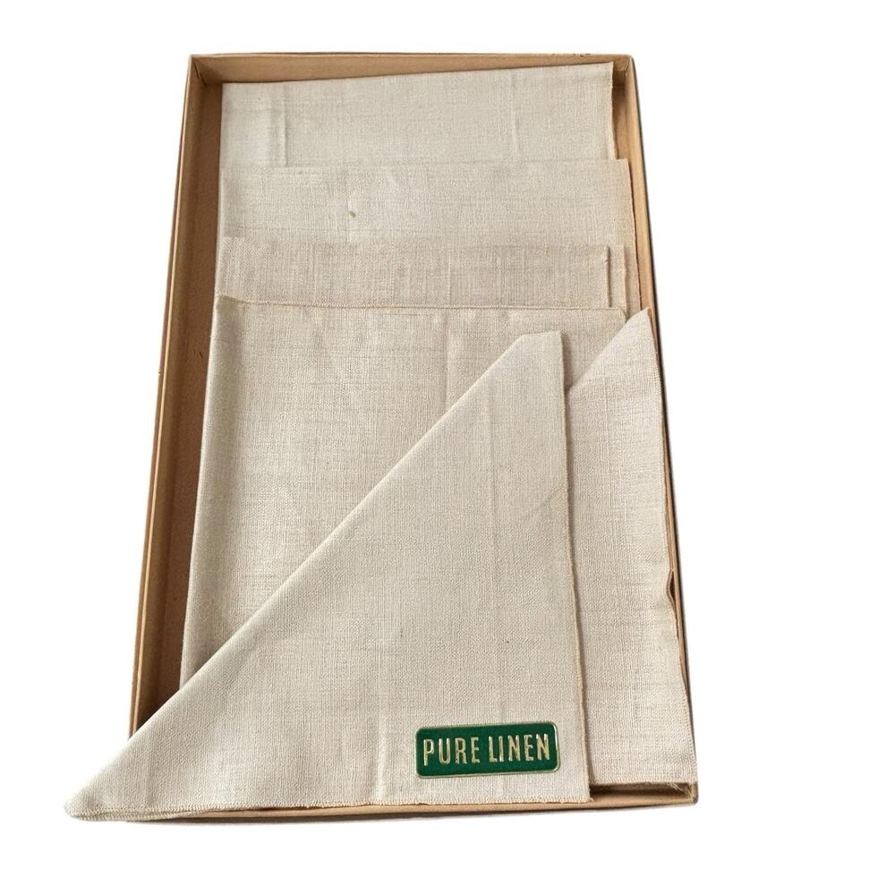 Vintage Kelly Green Pure Linen Tablecloth (52x70) 6 Ivory Linen Napkins NOS* 60s - Picture 2 of 8